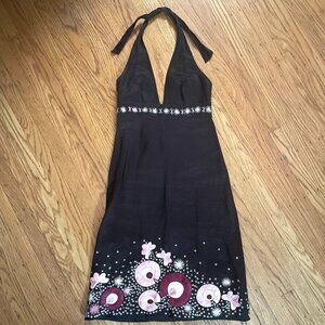 French Connection Brown Halter Tie Dress Embroidered Floral Size 6